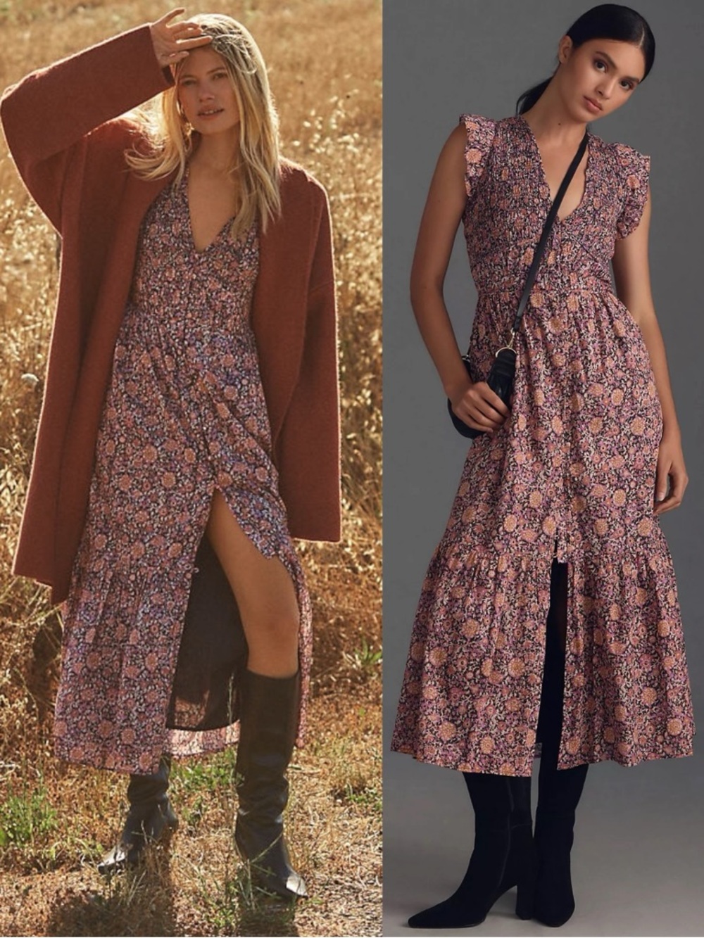 Anthropologie The Peregrine Midi Dress Size Medium Bohemian Floral Ruffles